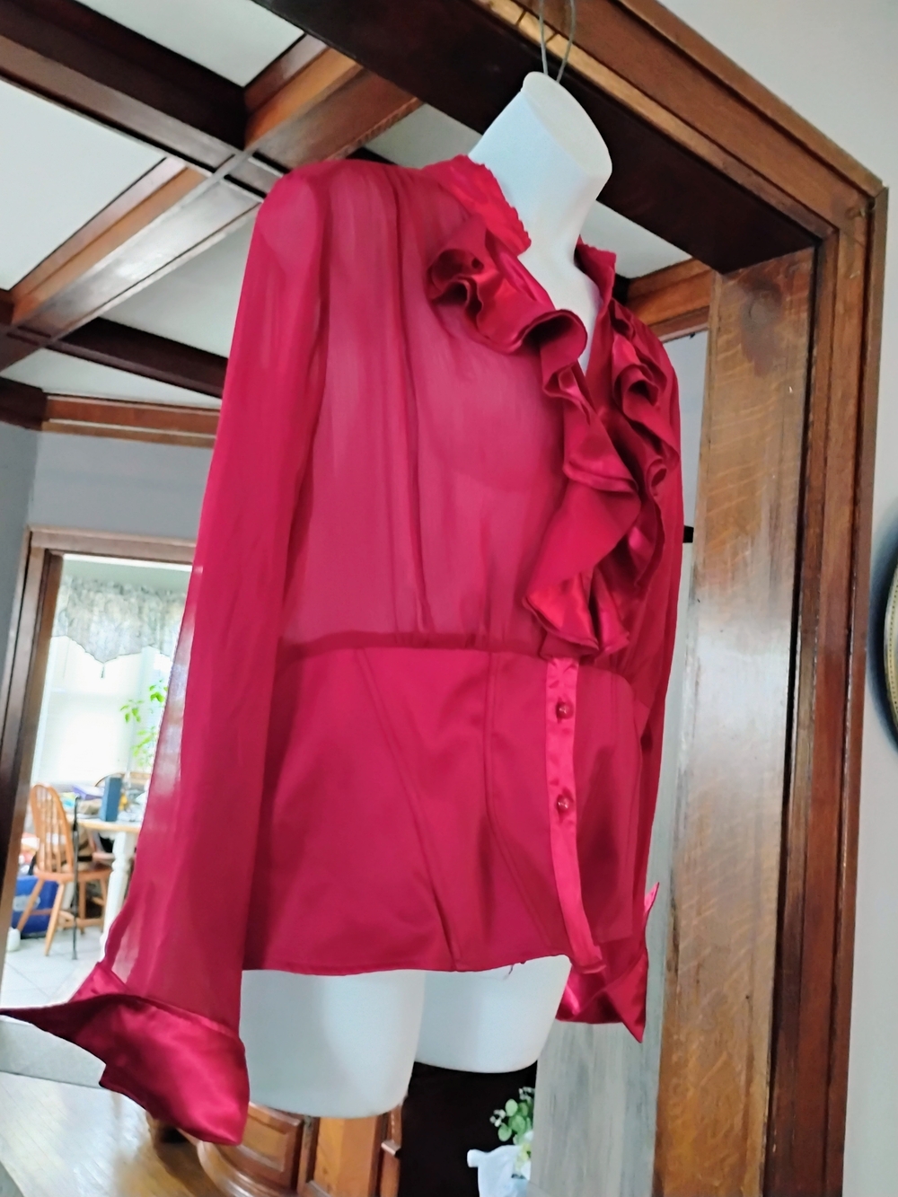 Ashley Stewart Ruffle-Front Sheer Blouse in Deep Red - Picture 5 of 14